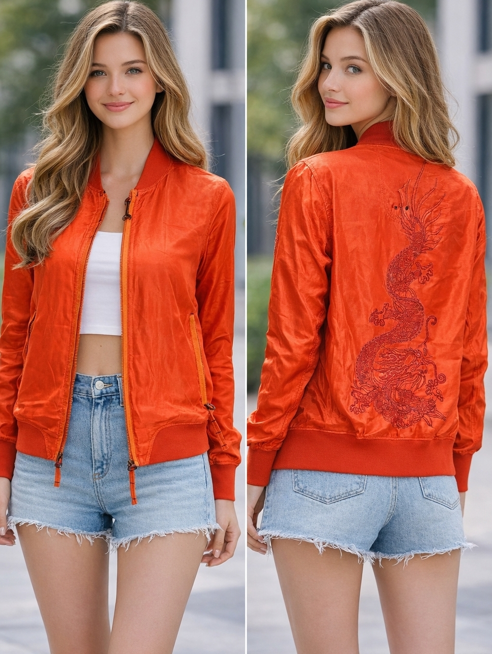 Silky style bomber with tiger embroidery Orange Tiger Embroidered Back  Size M